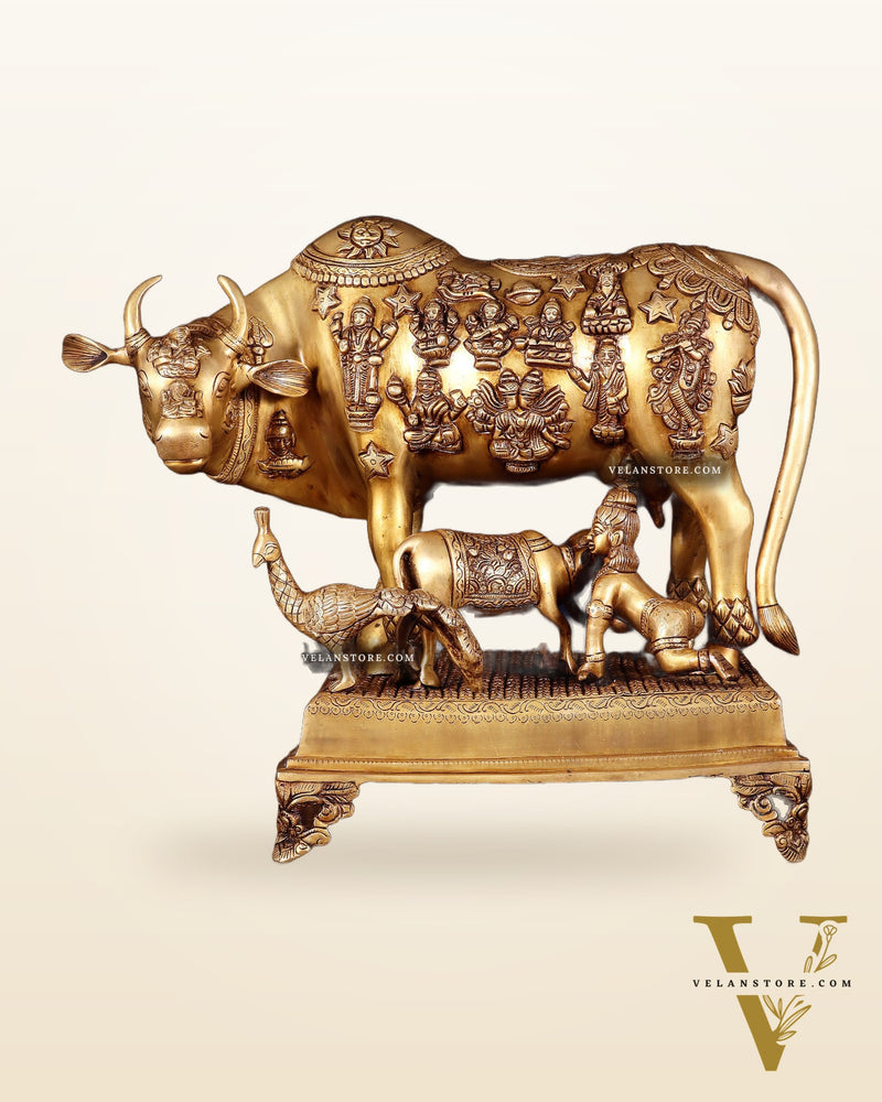 Brass Kamdhenu cow with calf idol large 20 inch