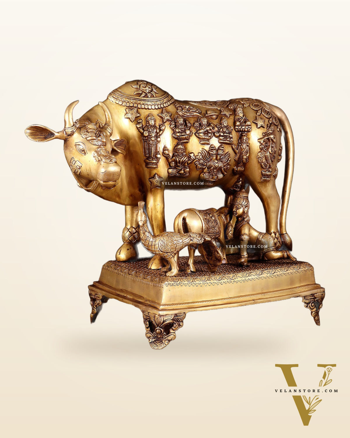 Brass Kamdhenu cow with calf idol large 20 inch
