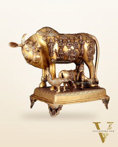 Brass Kamdhenu cow with calf idol large 20 inch