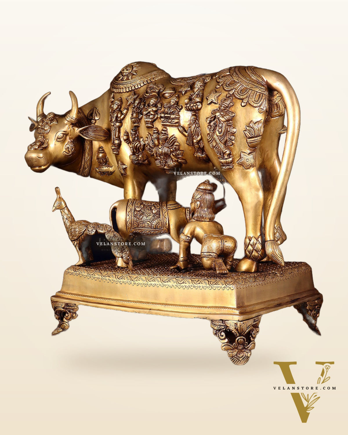 Brass Kamdhenu cow with calf idol large 20 inch