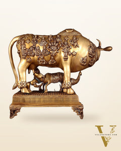 Brass Kamdhenu cow with calf idol large 20 inch