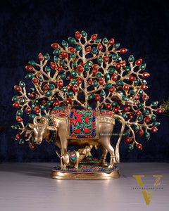 Brass Kamdhenu Cow with Calf & Kalpavriksha Tree of Life Combo – Meenakari Stonework 11"