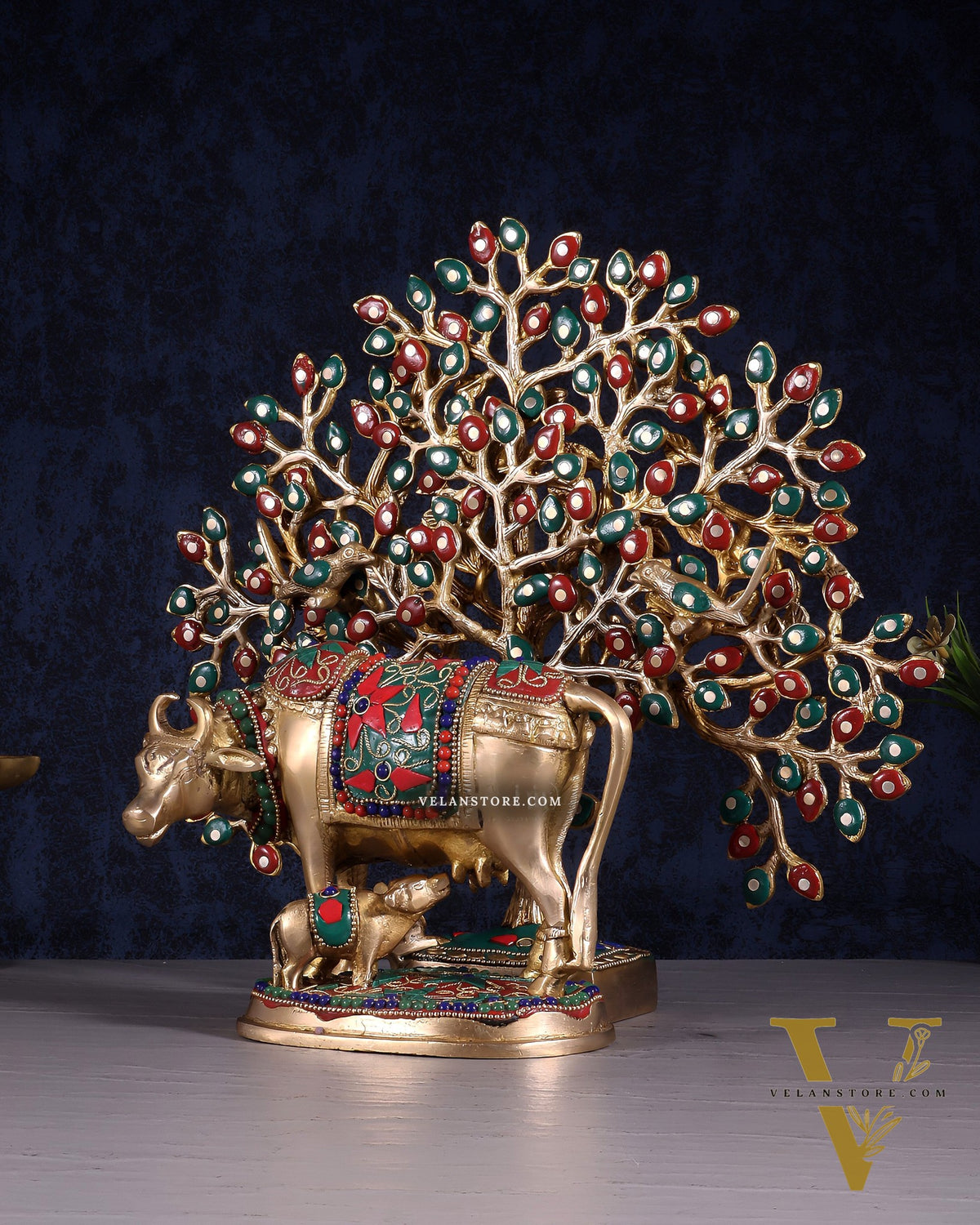 Brass Kamdhenu Cow with Calf & Kalpavriksha Tree of Life Combo – Meenakari Stonework 11"