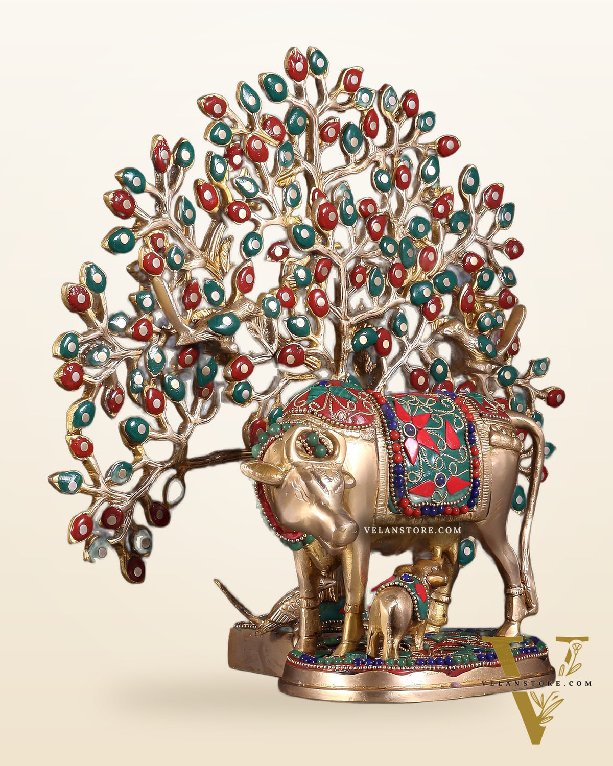 Brass Kamdhenu Cow with Calf & Kalpavriksha Tree of Life Combo – Meenakari Stonework 11"
