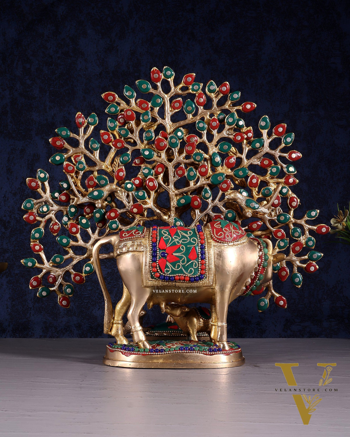 Brass Kamdhenu Cow with Calf & Kalpavriksha Tree of Life Combo – Meenakari Stonework 11"