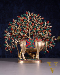 Brass Kamdhenu Cow with Calf & Kalpavriksha Tree of Life Combo – Meenakari Stonework 11"