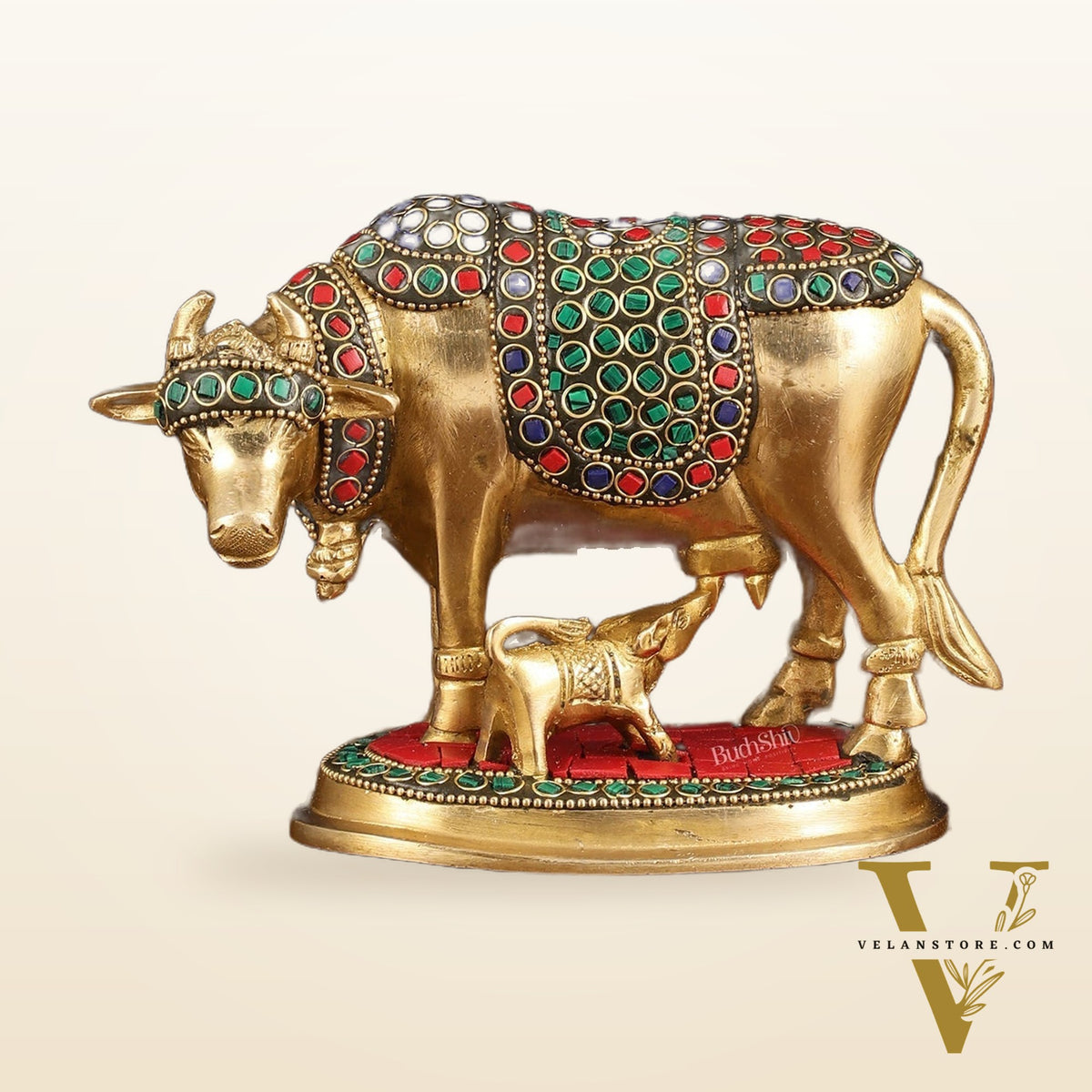 Brass Kamdhenu Cow with Calf Statue - Meenakari Stonework