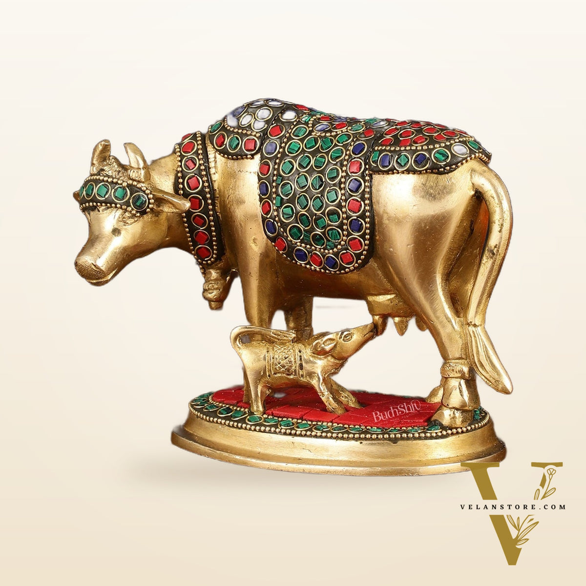 Brass Kamdhenu Cow with Calf Statue - Meenakari Stonework