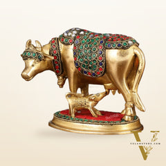 Brass Kamdhenu Cow with Calf Statue - Meenakari Stonework