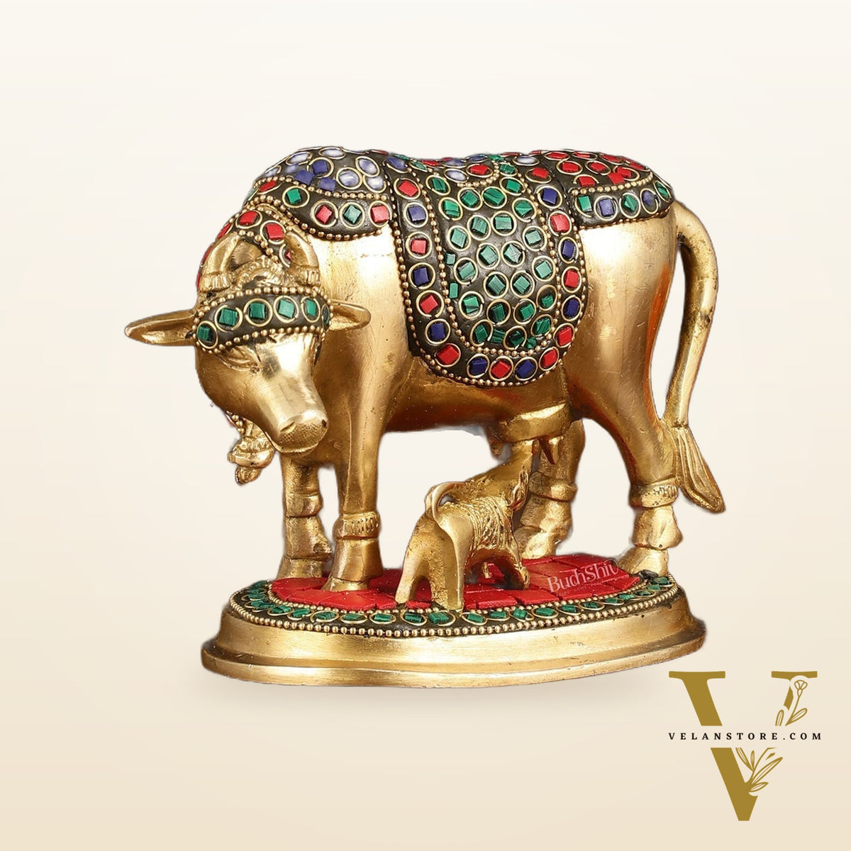 Brass Kamdhenu Cow with Calf Statue - Meenakari Stonework
