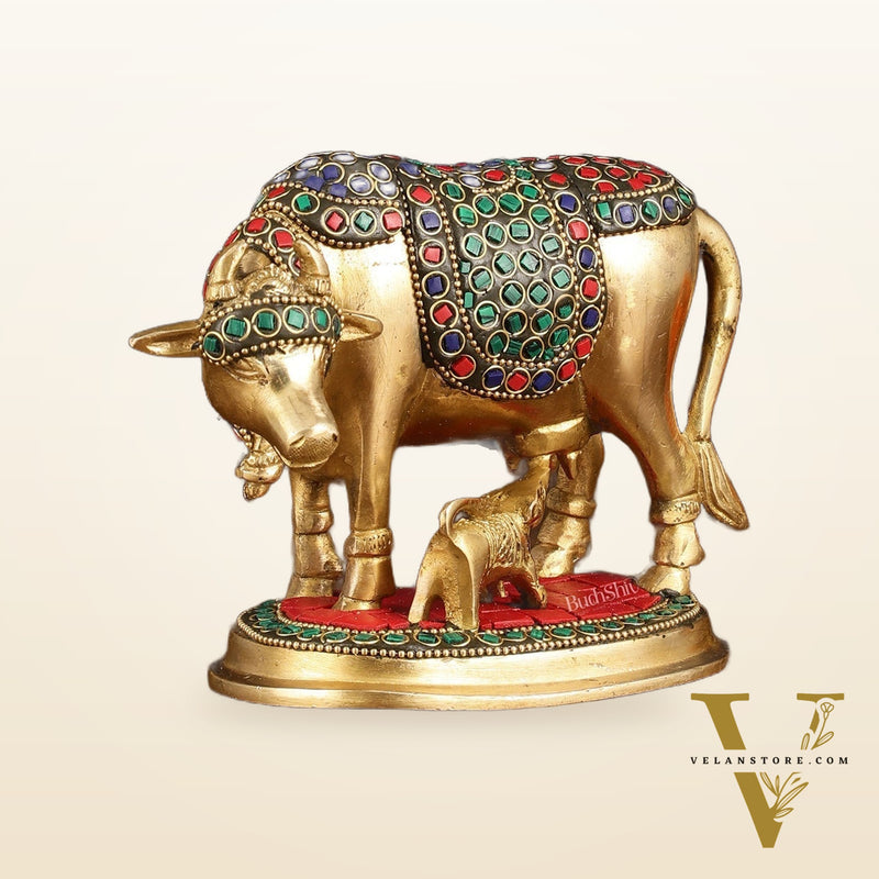 Brass Kamdhenu Cow with Calf Statue - Meenakari Stonework