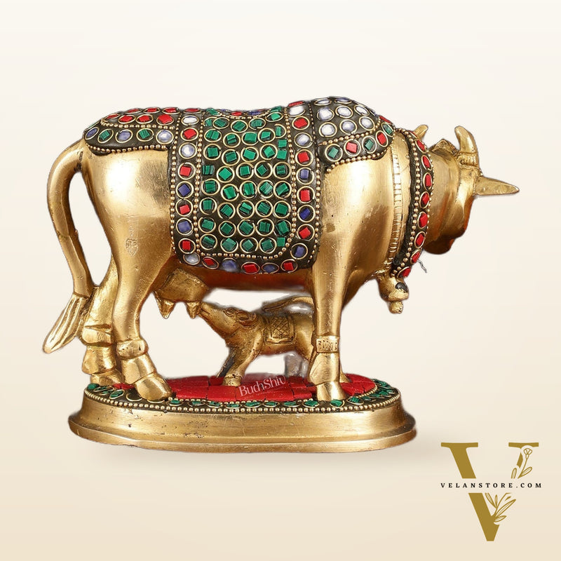 Brass Kamdhenu Cow with Calf Statue - Meenakari Stonework