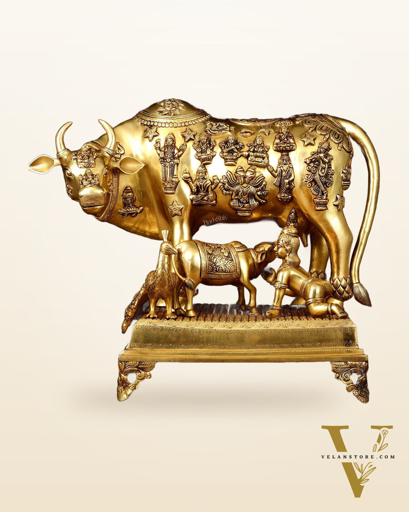 Brass Kamdhenu Large Cow with Calf, bal gopal and engraved deities 20"