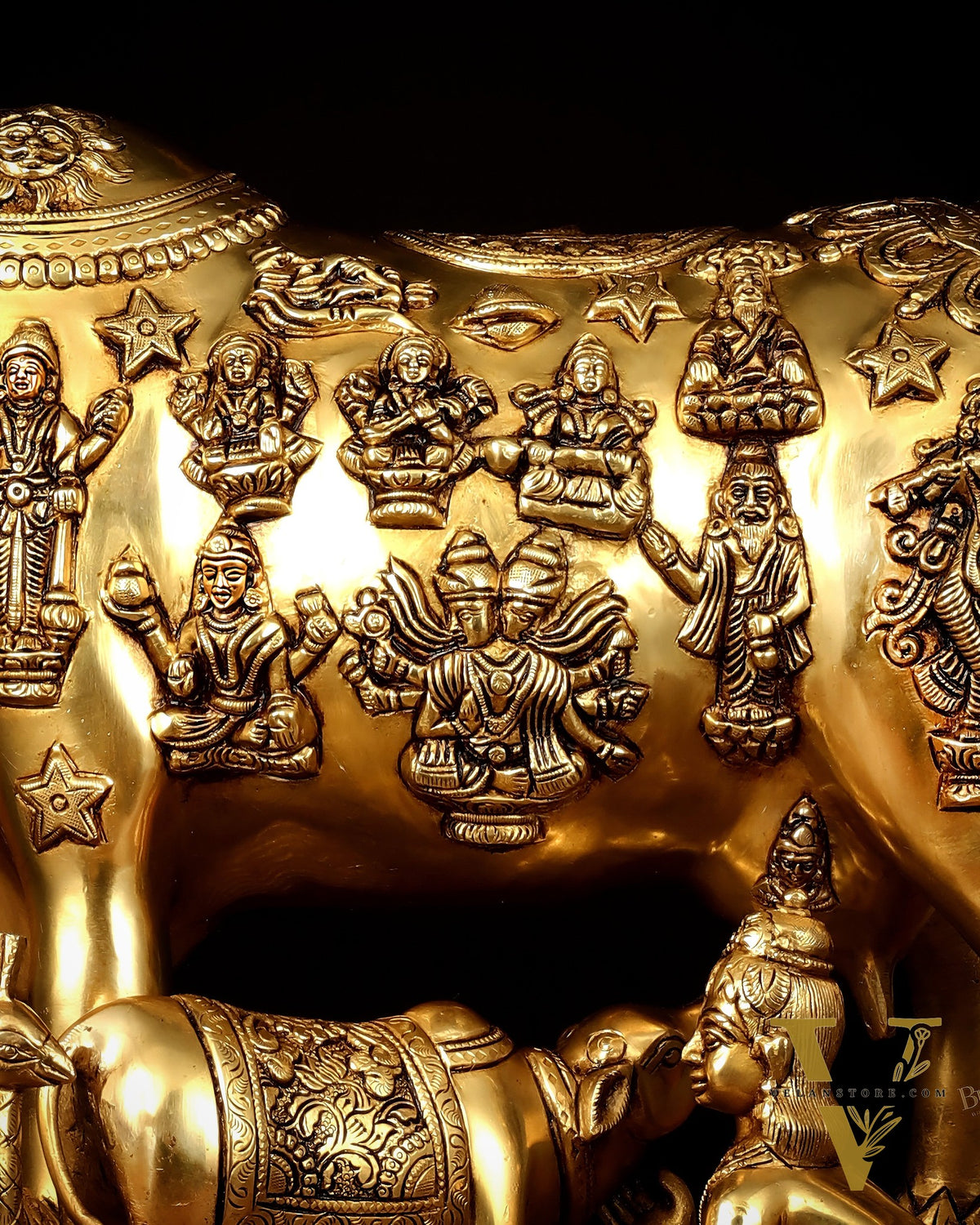 Brass Kamdhenu Large Cow with Calf, bal gopal and engraved deities 20"