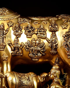 Brass Kamdhenu Large Cow with Calf, bal gopal and engraved deities 20"