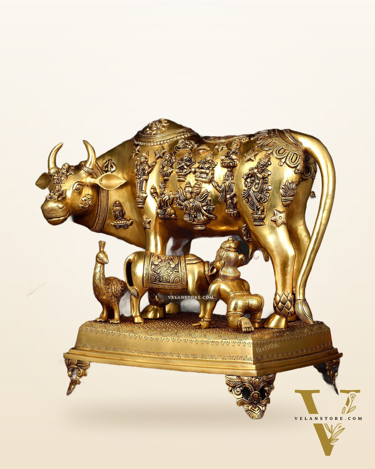 Brass Kamdhenu Large Cow with Calf, bal gopal and engraved deities 20"