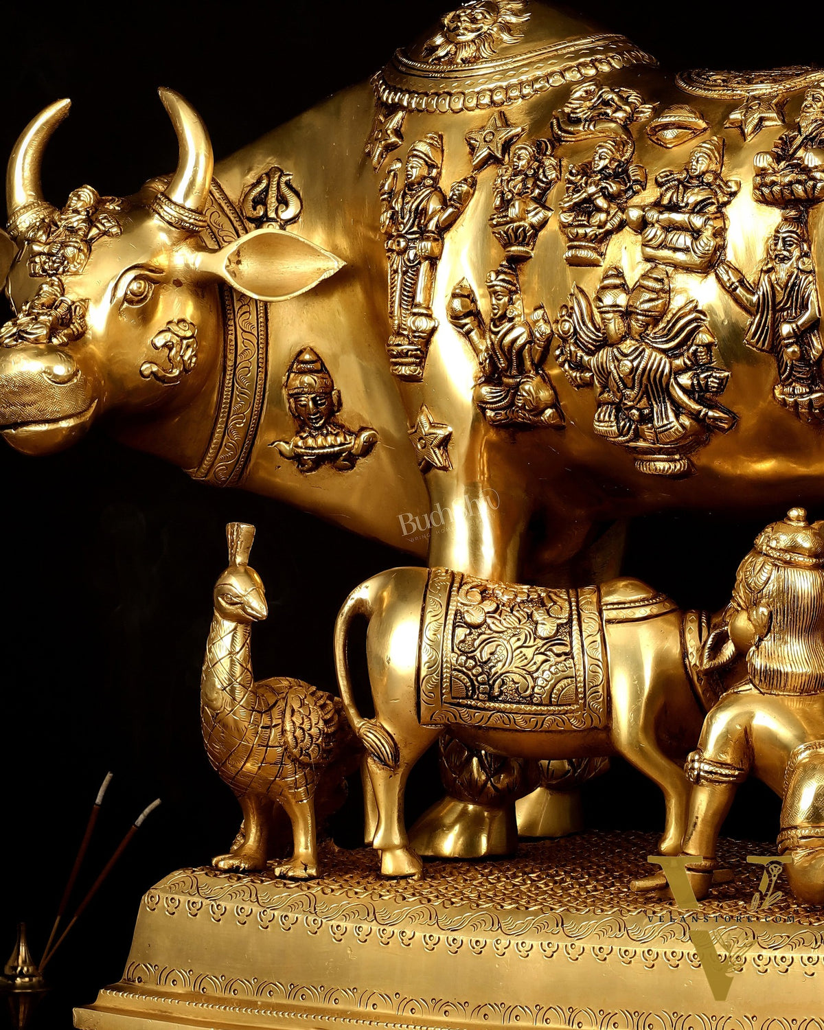 Brass Kamdhenu Large Cow with Calf, bal gopal and engraved deities 20"