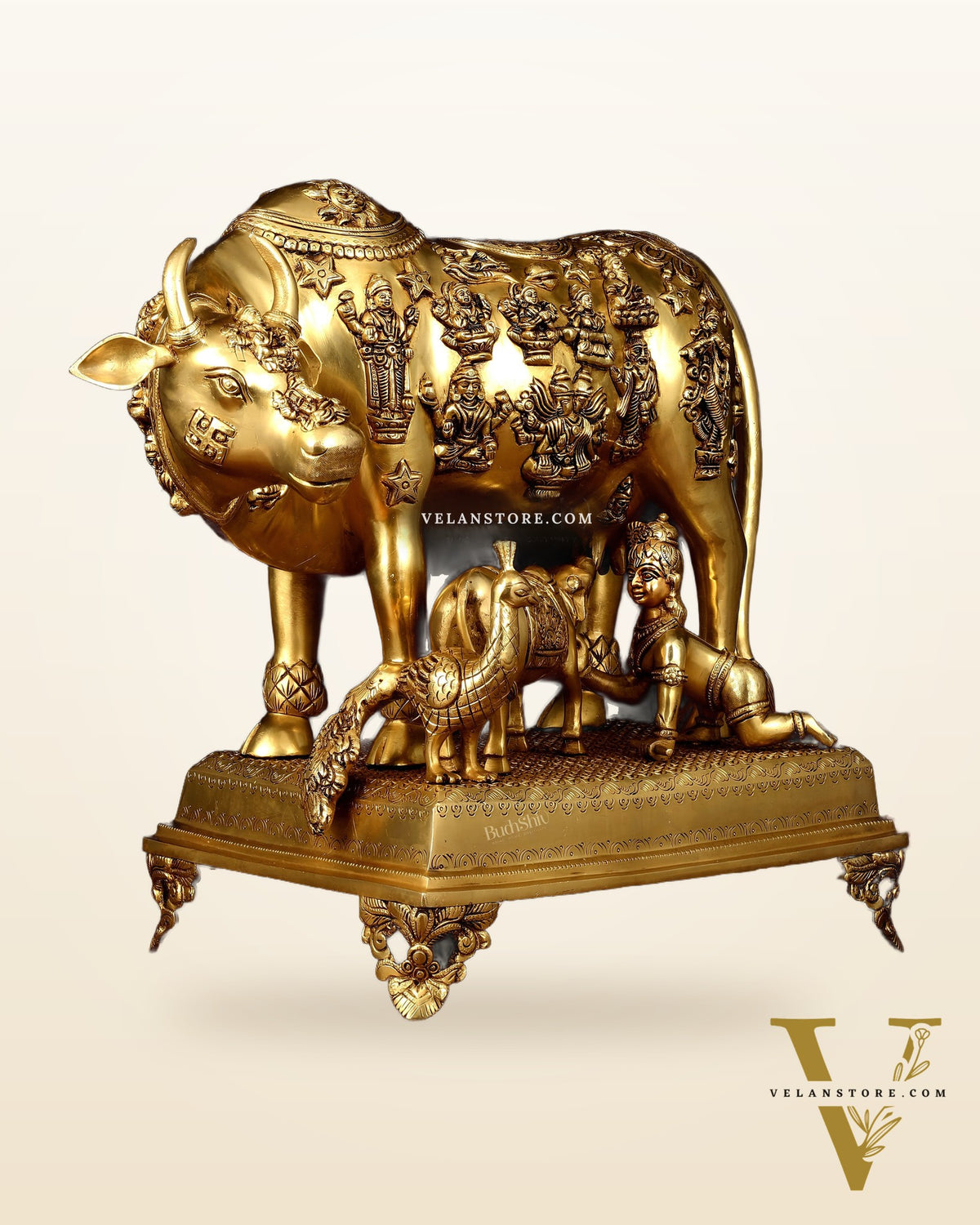 Brass Kamdhenu Large Cow with Calf, bal gopal and engraved deities 20"