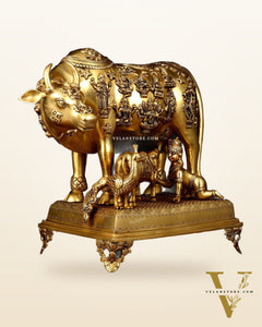Brass Kamdhenu Large Cow with Calf, bal gopal and engraved deities 20"