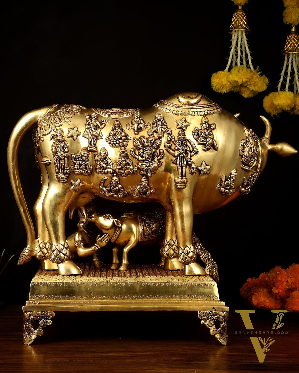 Brass Kamdhenu Large Cow with Calf, bal gopal and engraved deities 20"