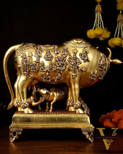 Brass Kamdhenu Large Cow with Calf, bal gopal and engraved deities 20"