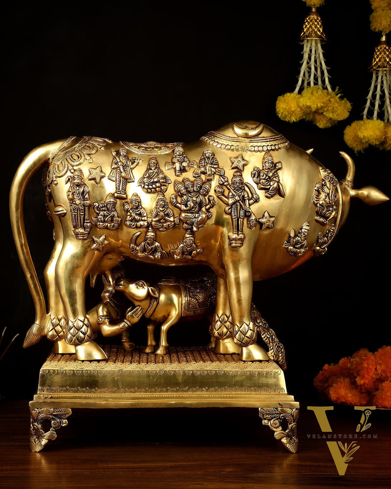 Brass Kamdhenu Large Cow with Calf, bal gopal and engraved deities 20"