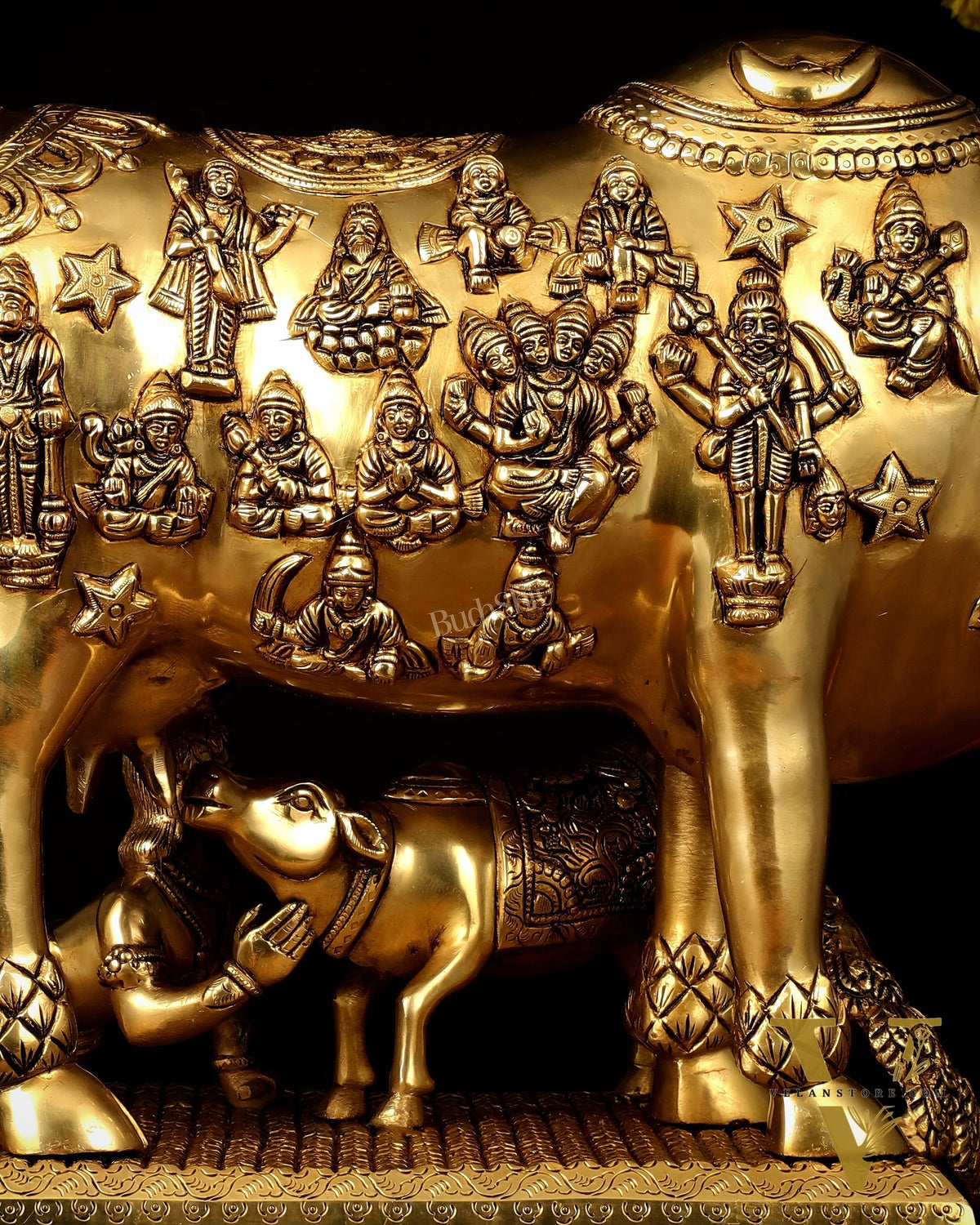 Brass Kamdhenu Large Cow with Calf, bal gopal and engraved deities 20"