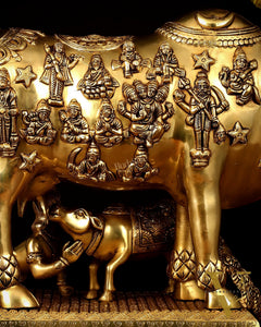 Brass Kamdhenu Large Cow with Calf, bal gopal and engraved deities 20"
