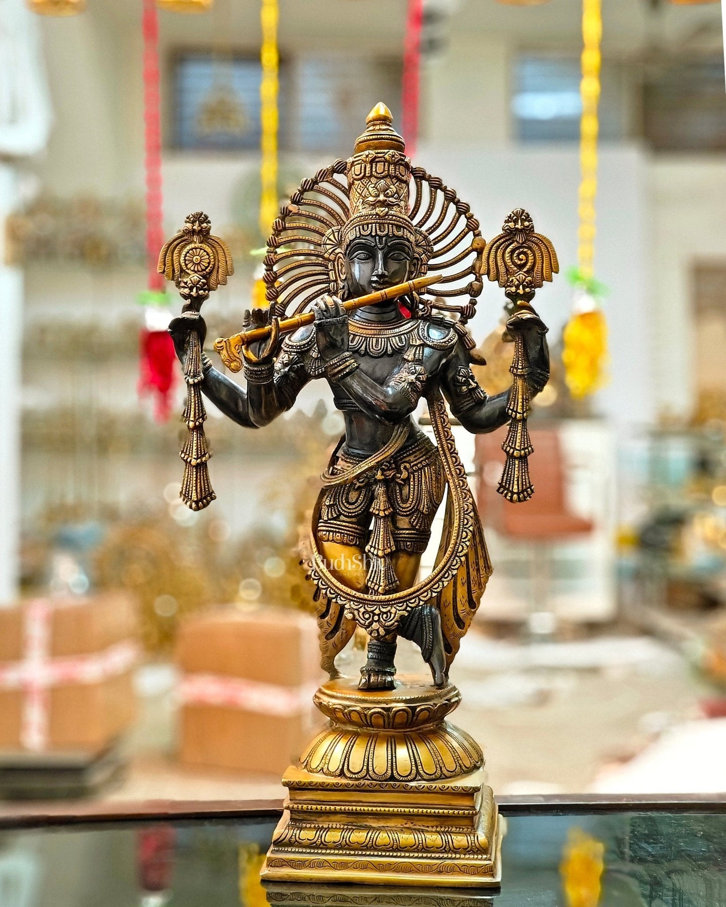 Brass Krishna 4 arms Statue | Black | Height 24 Inch