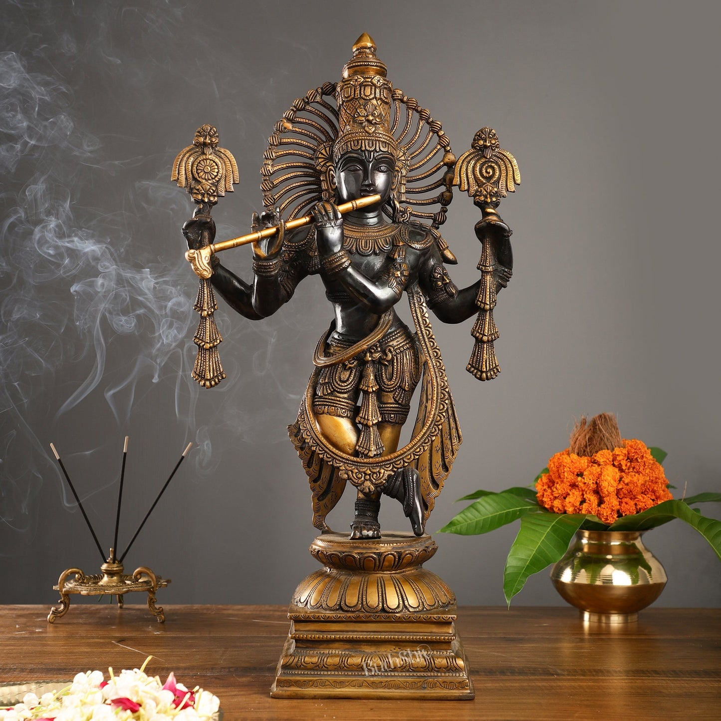 Brass Krishna 4 arms Statue | Black | Height 24 Inch