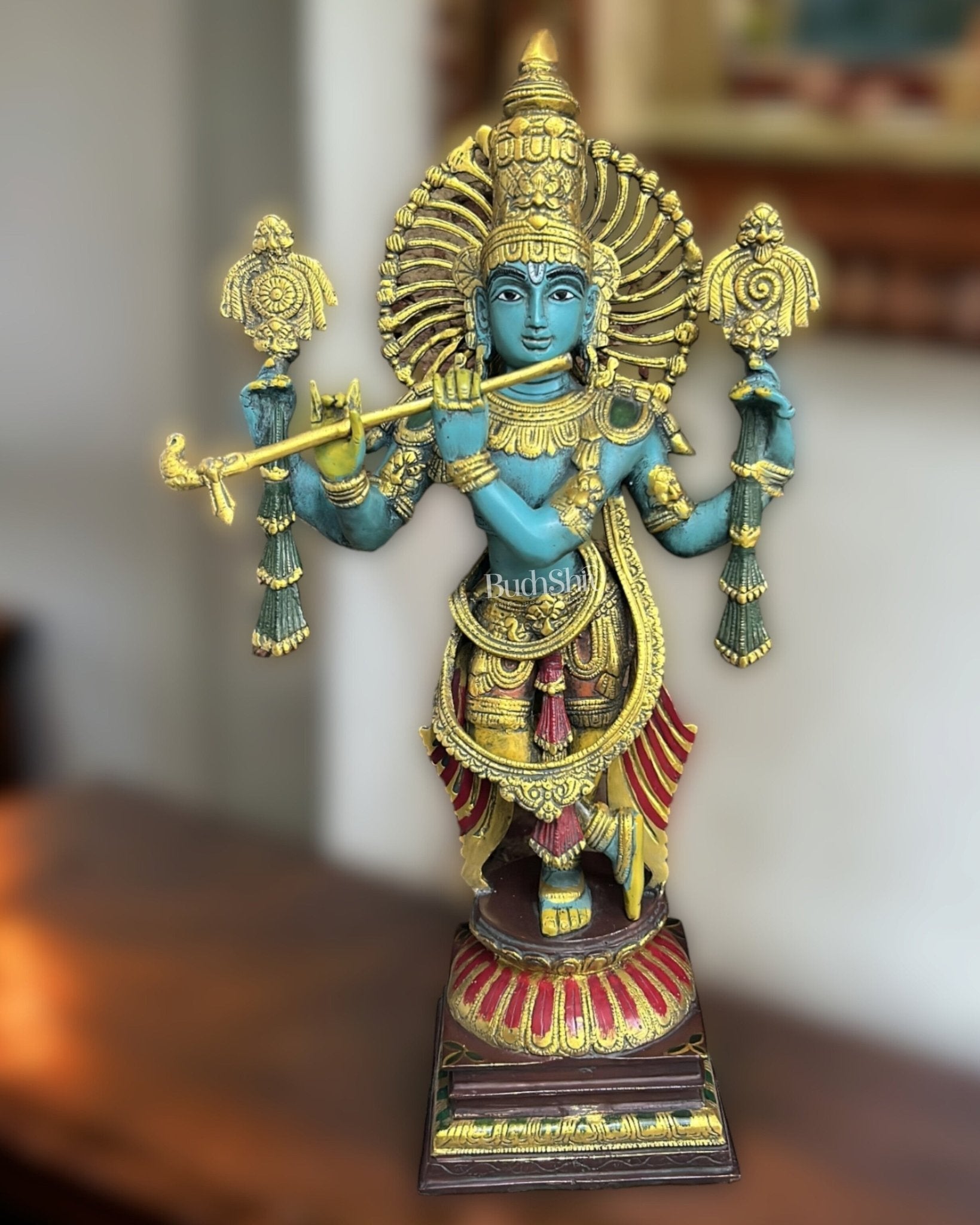 Brass Krishna Charbhuja Statue | Blue  | Height 24 Inch