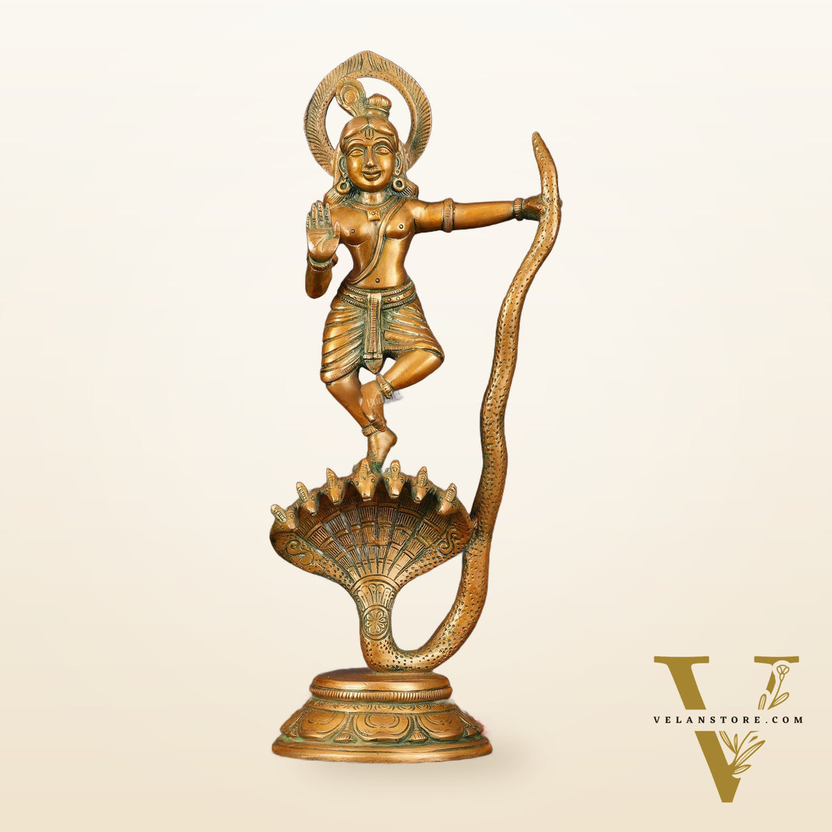 Brass Krishna Dancing on Kaliya Naag Idol - 13.20" Antique Bronze Finish
