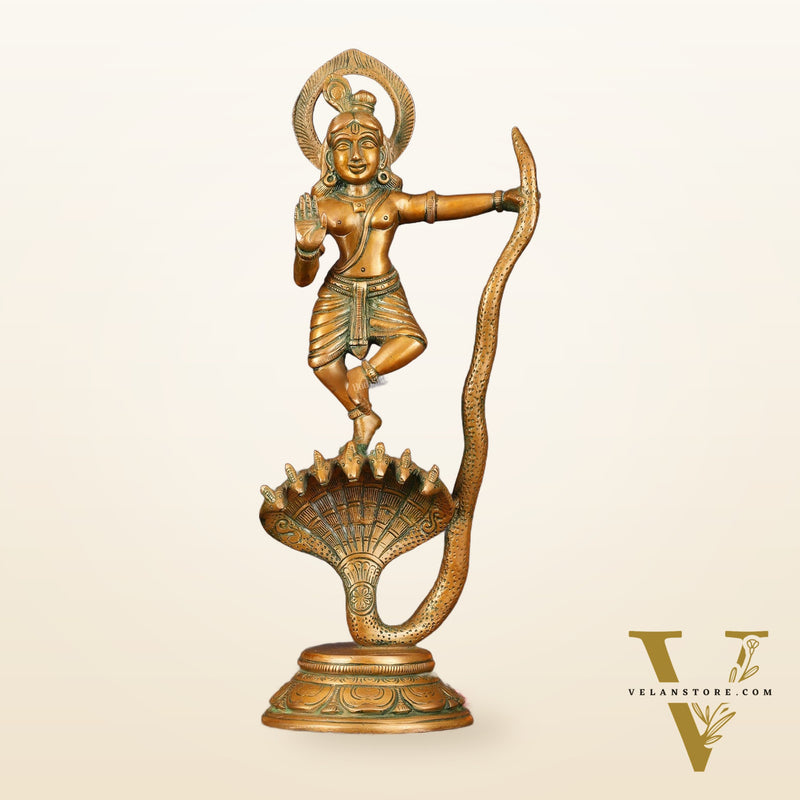 Brass Krishna Dancing on Kaliya Naag Idol - 13.20" Antique Bronze Finish