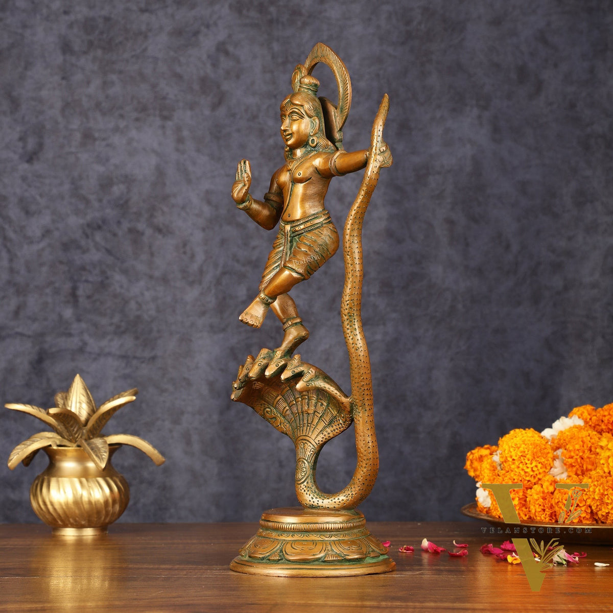 Brass Krishna Dancing on Kaliya Naag Idol - 13.20" Antique Bronze Finish
