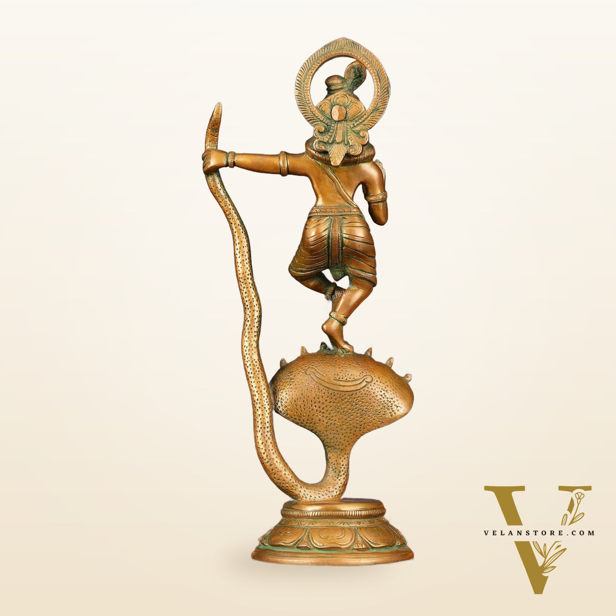 Brass Krishna Dancing on Kaliya Naag Idol - 13.20" Antique Bronze Finish