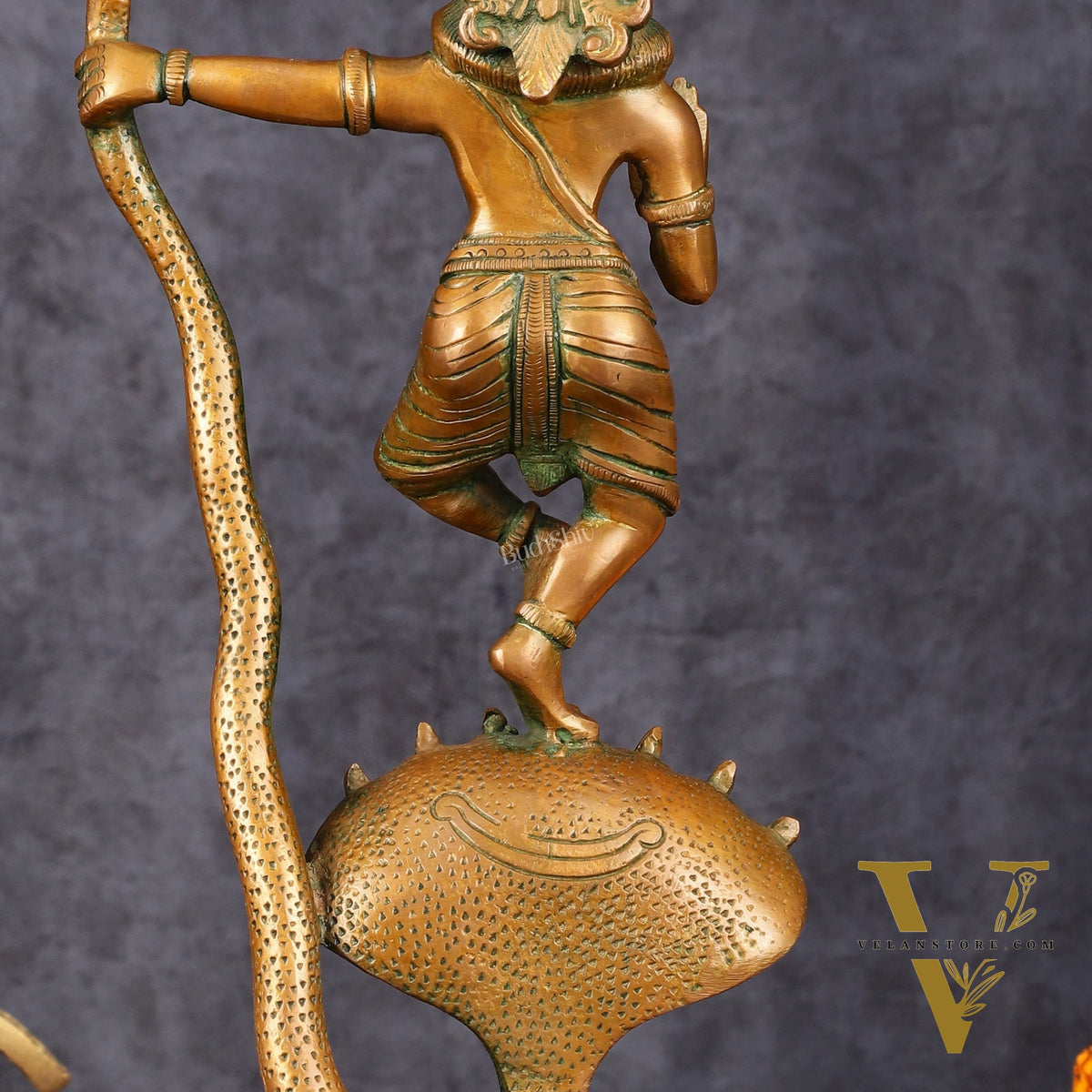 Brass Krishna Dancing on Kaliya Naag Idol - 13.20" Antique Bronze Finish