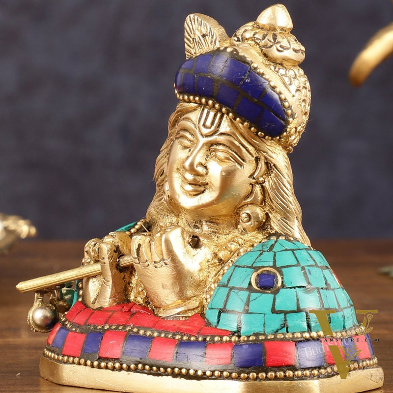 Brass Krishna Face Bust Showpiece - 3.5" Height