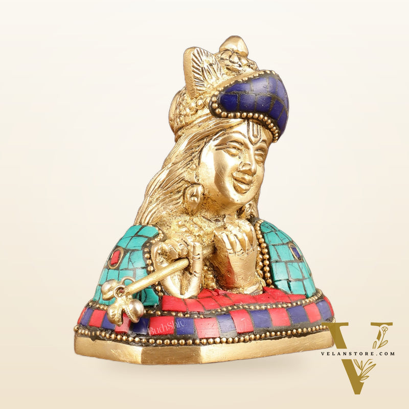 Brass Krishna Face Bust Showpiece - 3.5" Height