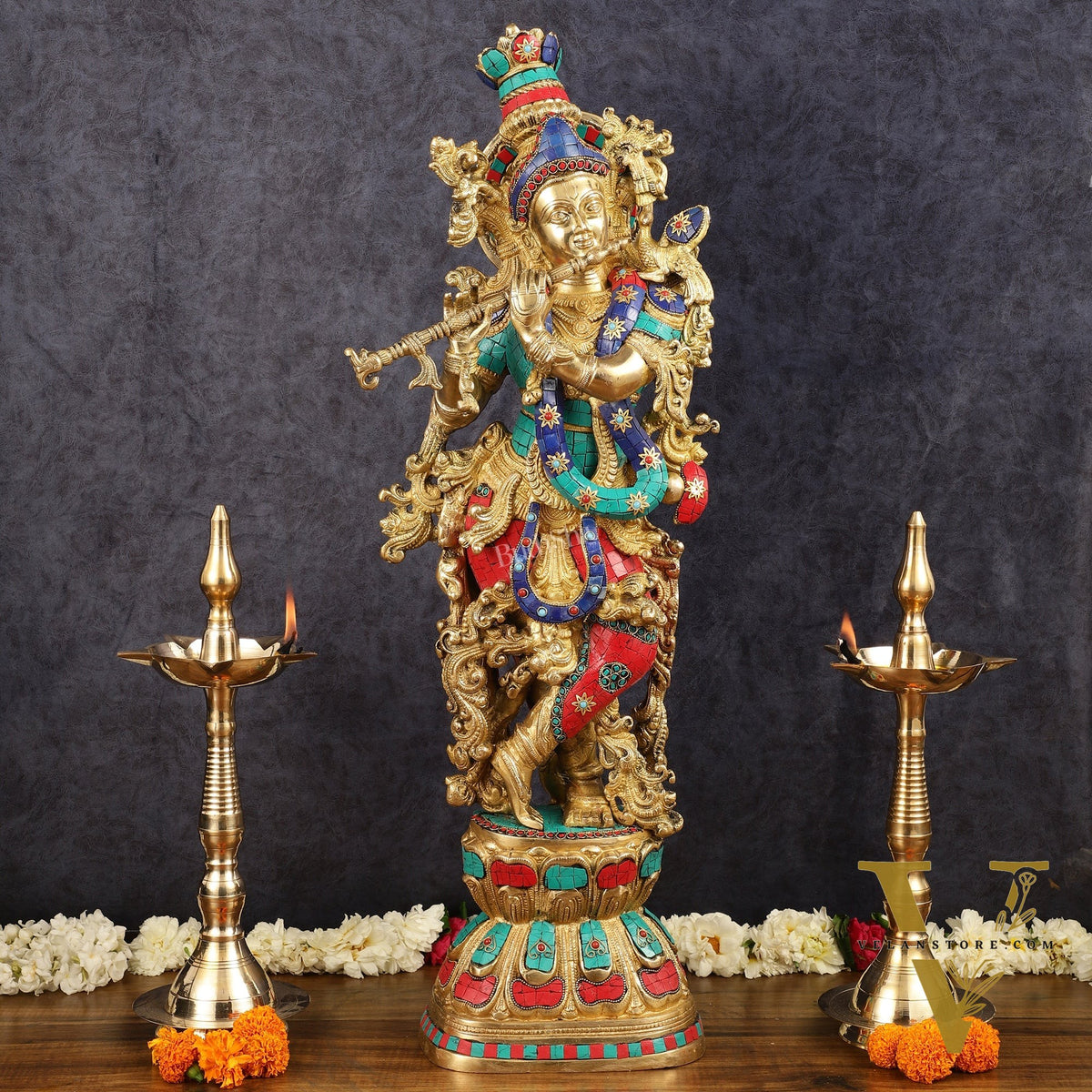 Brass Krishna Idol 30 inch meenakari