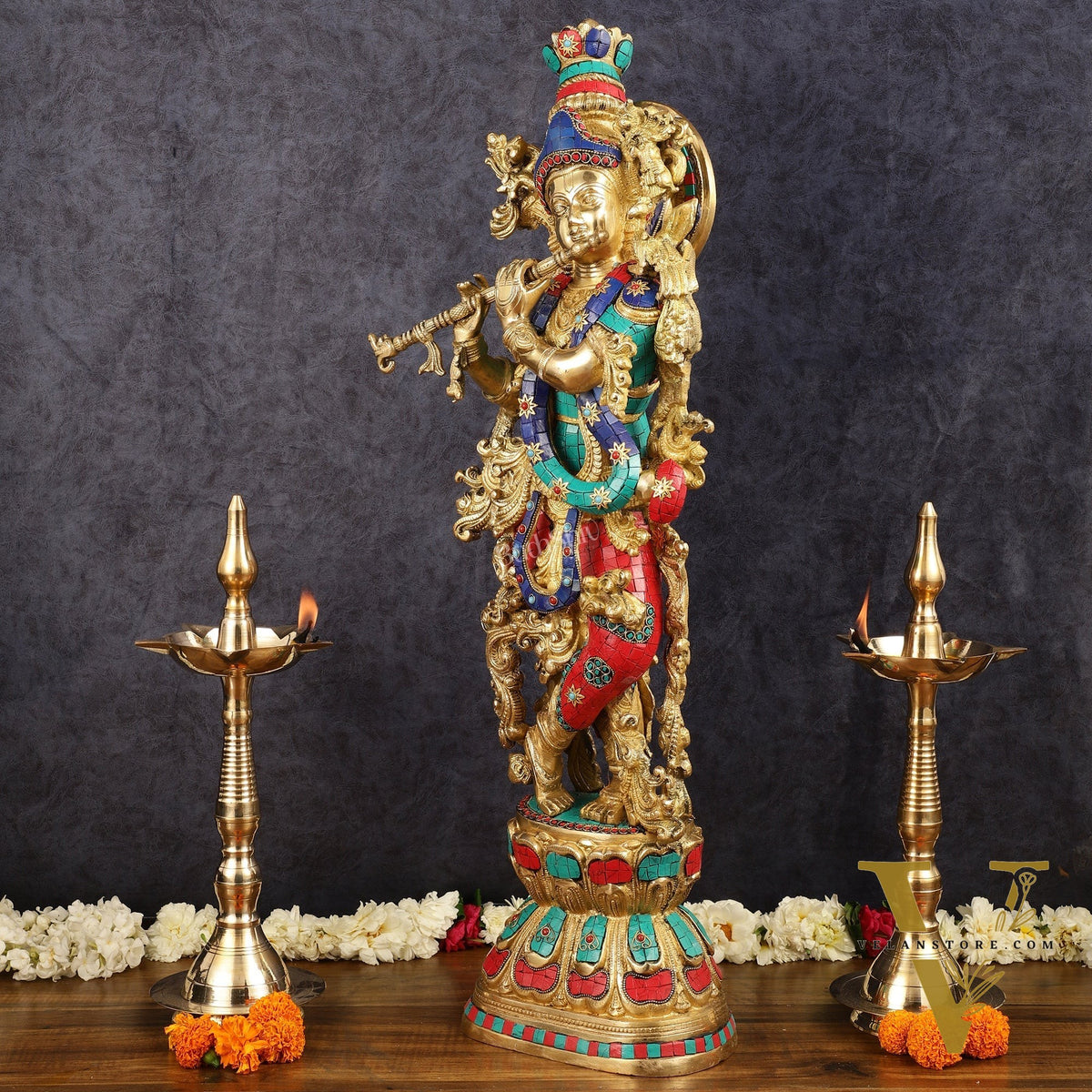 Brass Krishna Idol 30 inch meenakari