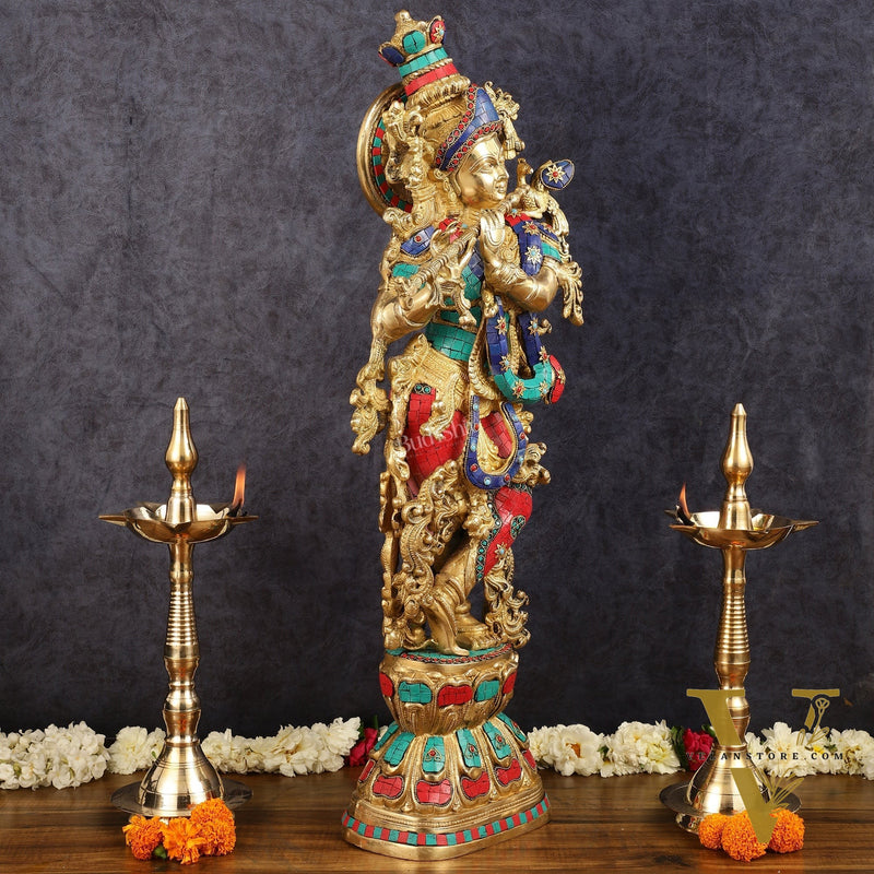 Brass Krishna Idol 30 inch meenakari