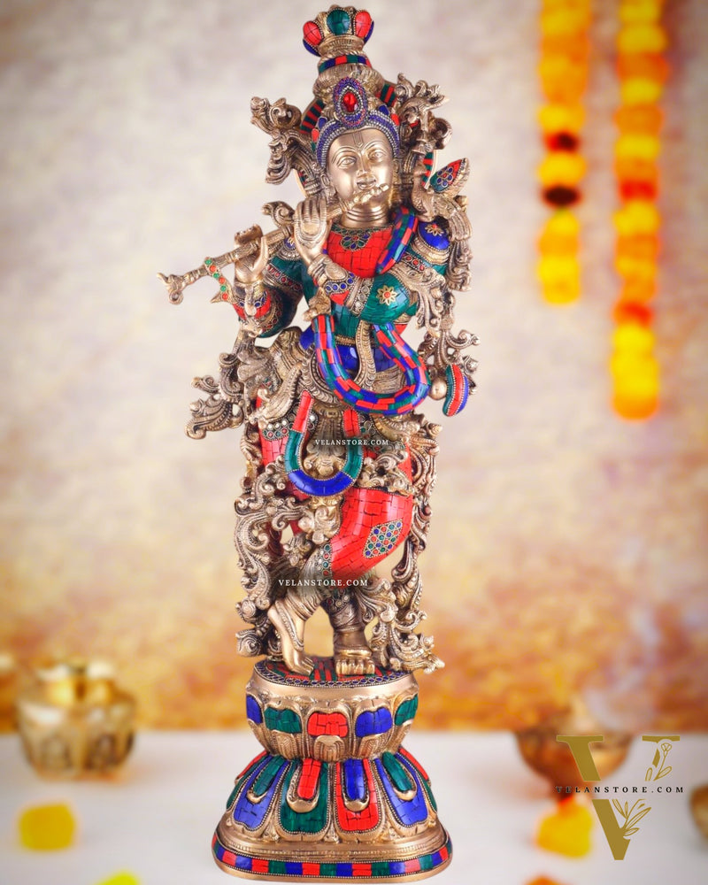 Brass Krishna Idol 30 inch meenakari Stonework