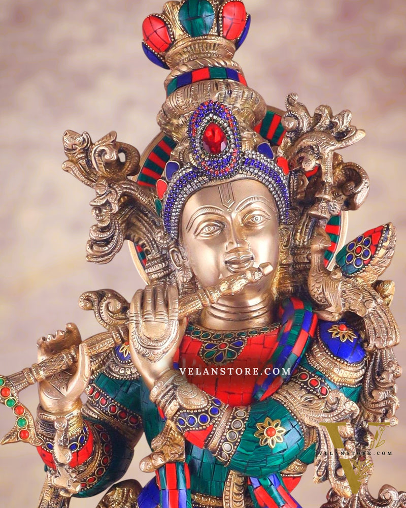 Brass Krishna Idol 30 inch meenakari Stonework
