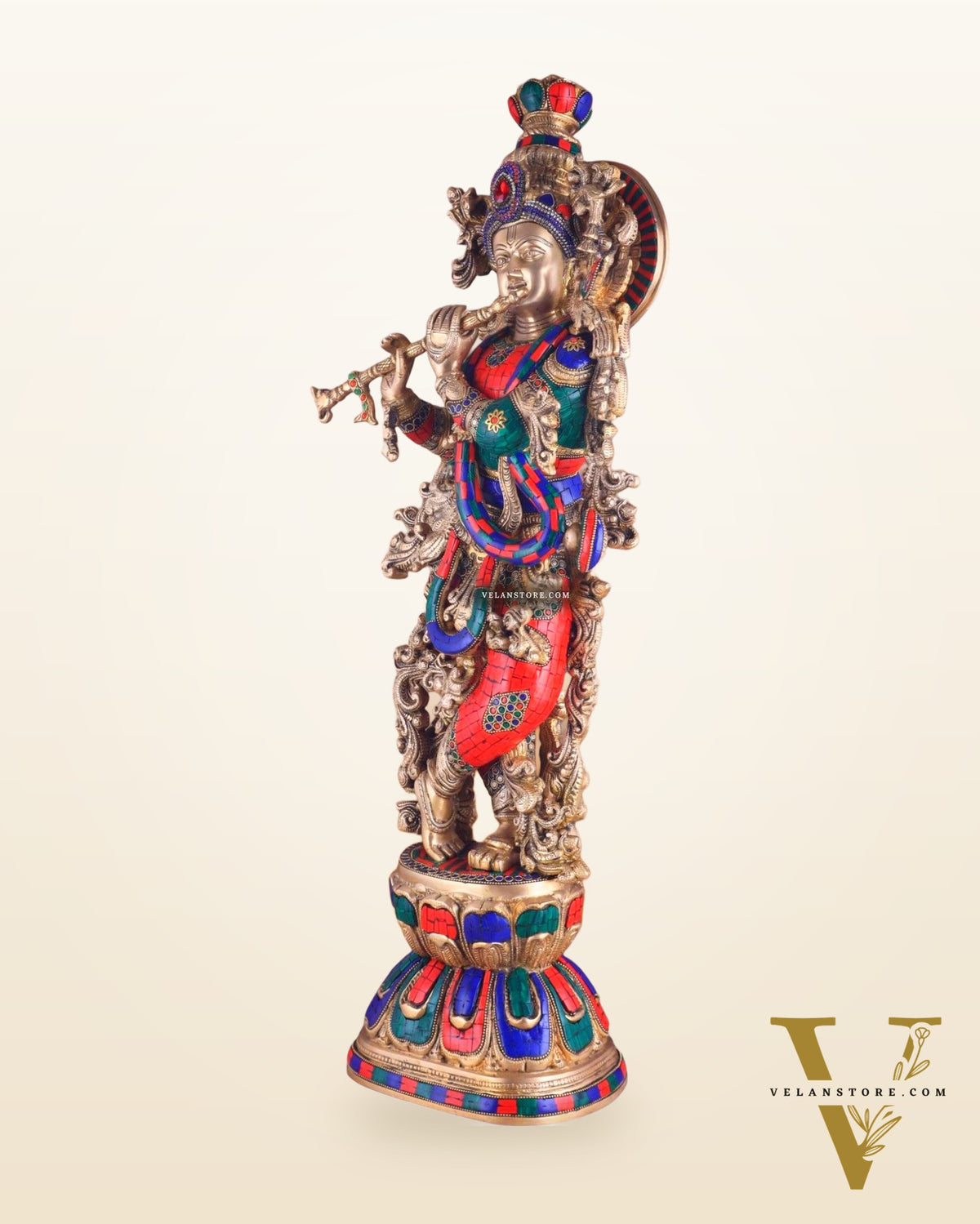 Brass Krishna Idol 30 inch meenakari Stonework