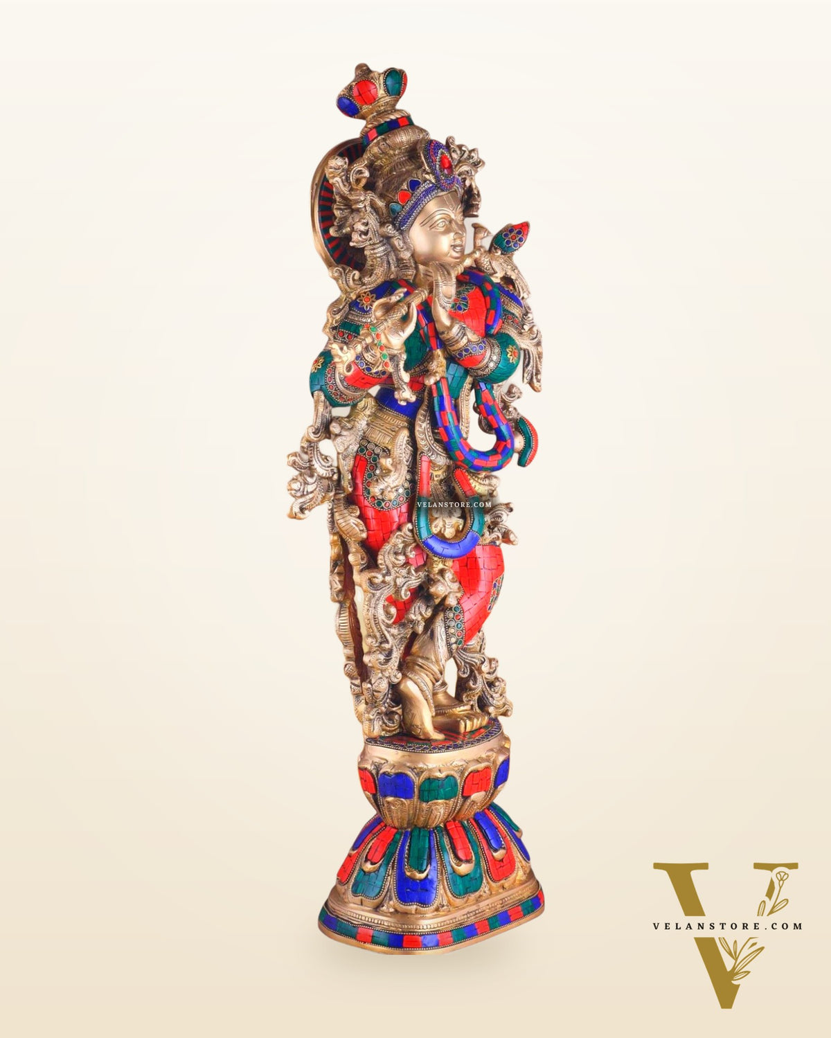 Brass Krishna Idol 30 inch meenakari Stonework