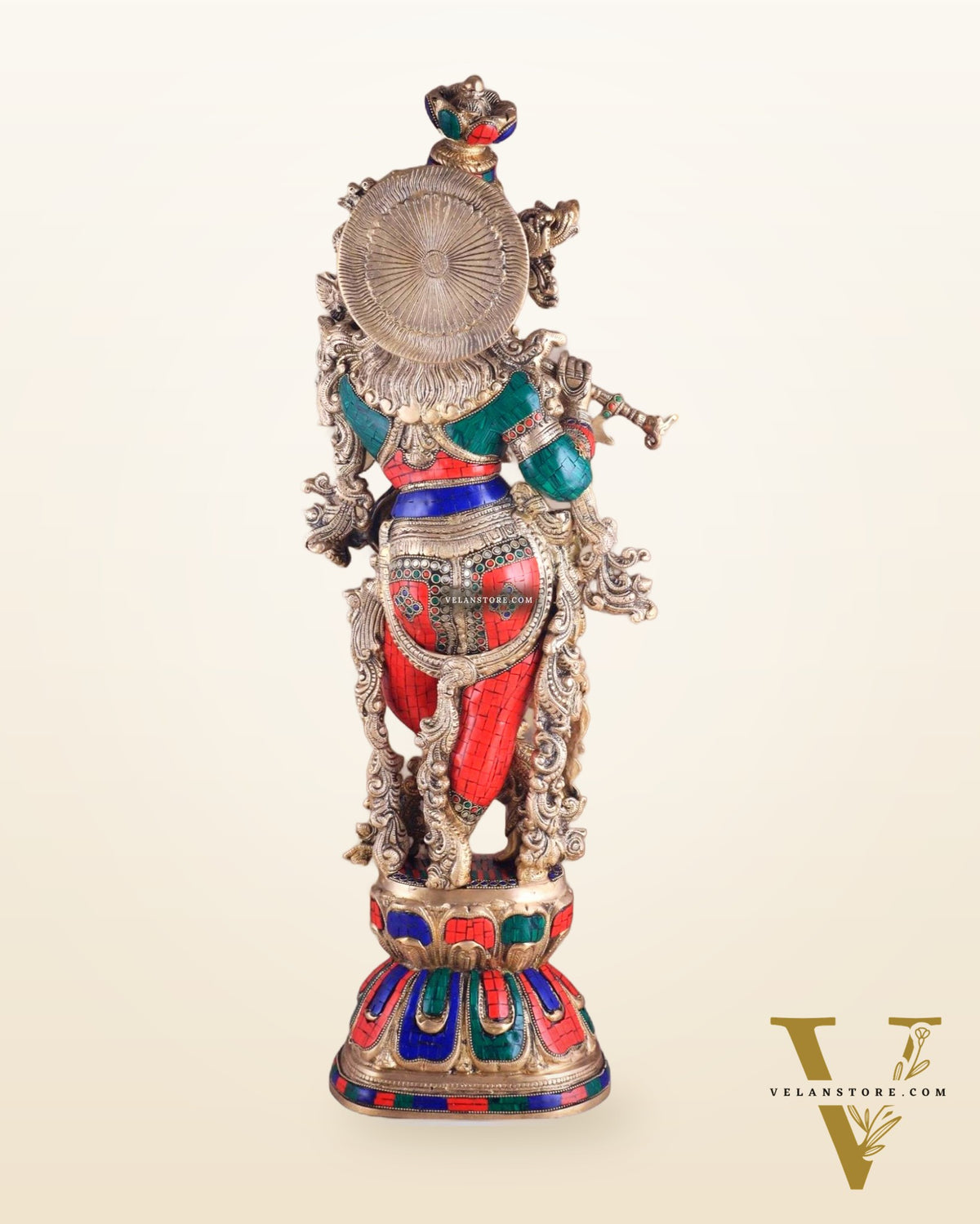 Brass Krishna Idol 30 inch meenakari Stonework