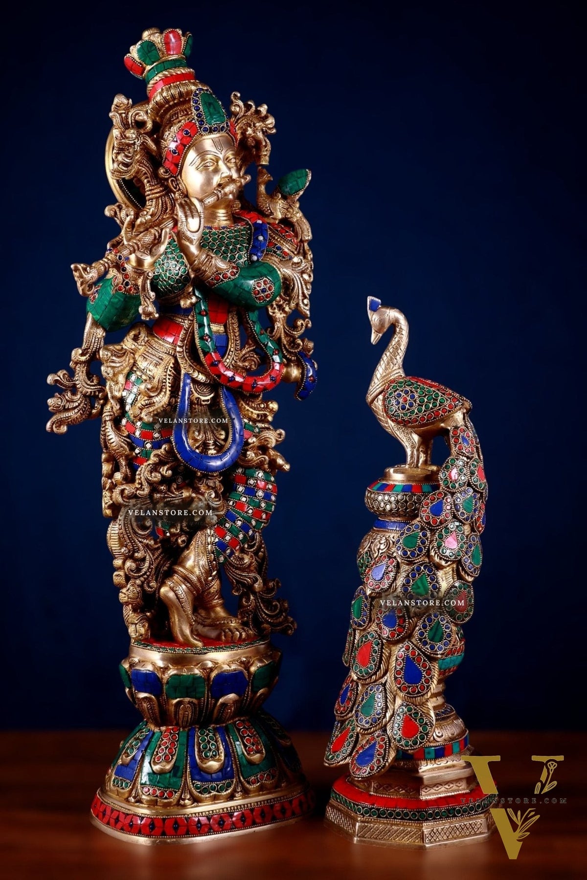 Brass Krishna Idol & Large Peacock Showpiece with meenakari Stonework