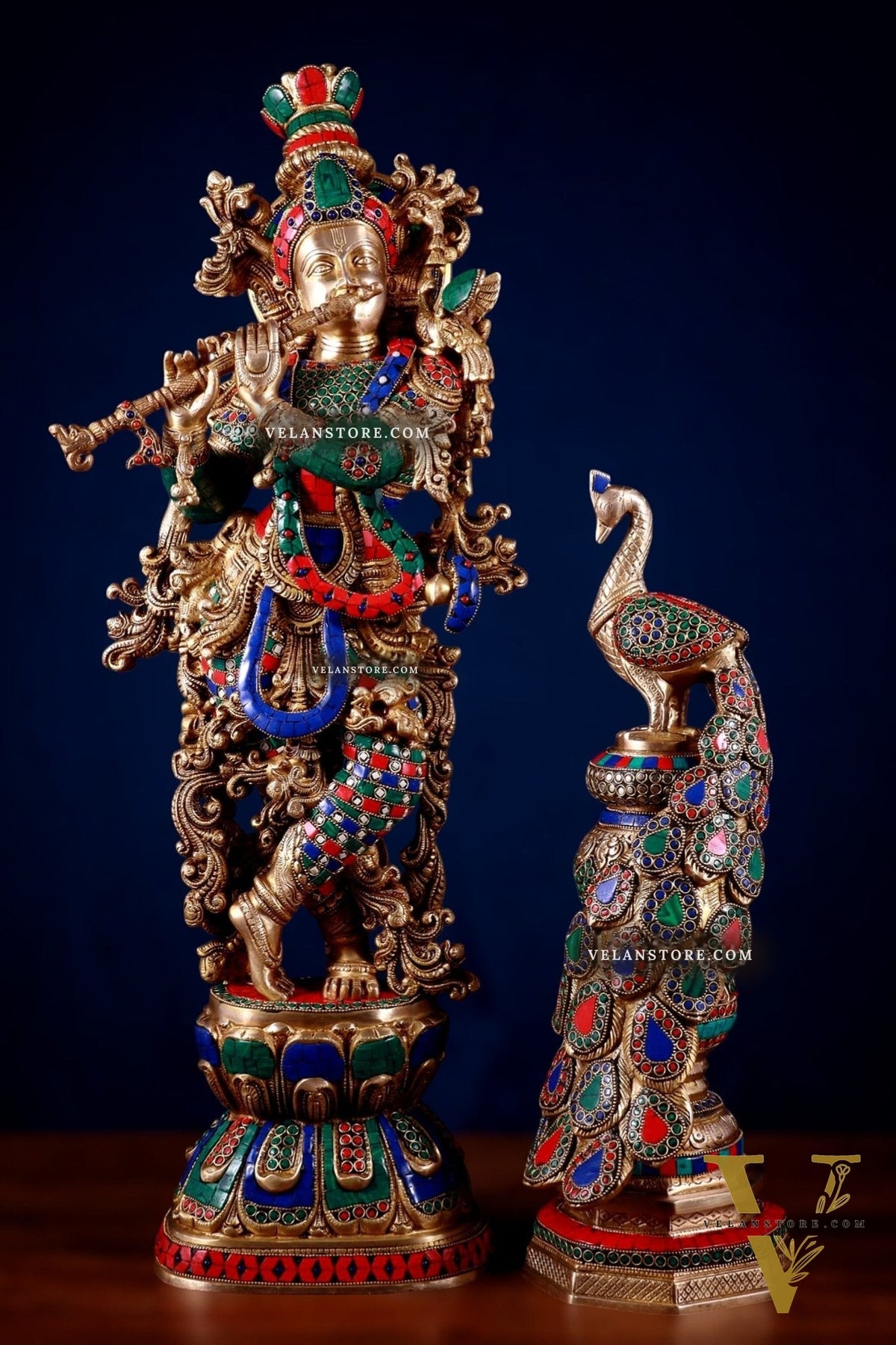 Brass Krishna Idol & Large Peacock Showpiece with meenakari Stonework
