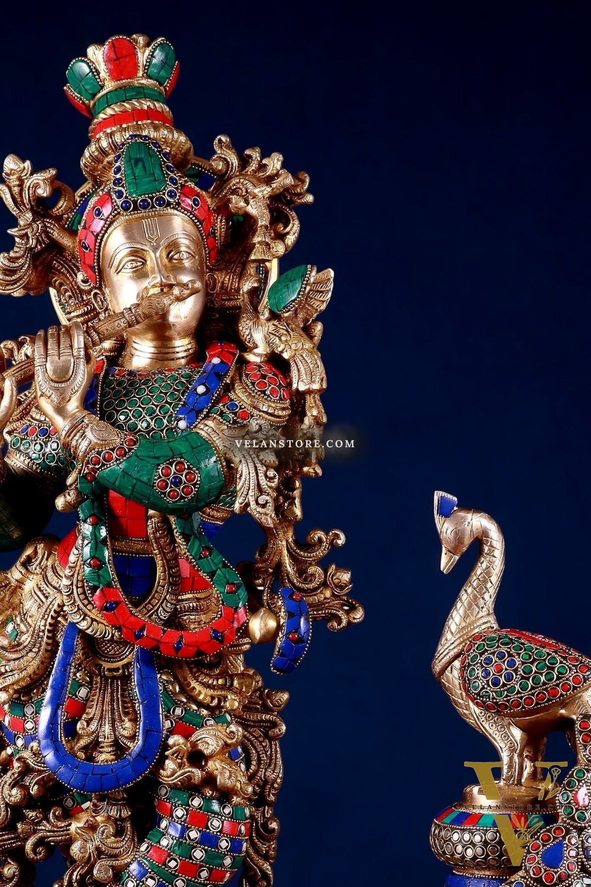 Brass Krishna Idol & Large Peacock Showpiece with meenakari Stonework