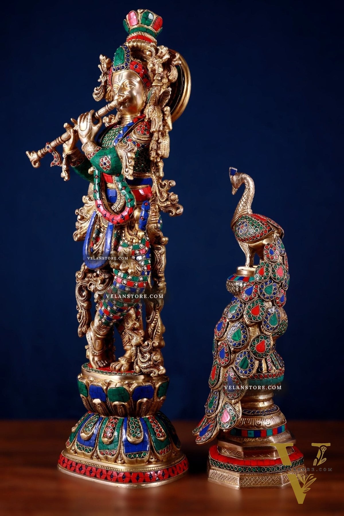 Brass Krishna Idol & Large Peacock Showpiece with meenakari Stonework